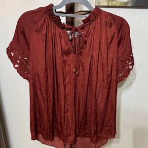 cupcakes & cashmere Rust Red Peasant Blouse with Embroidered Sleeves
